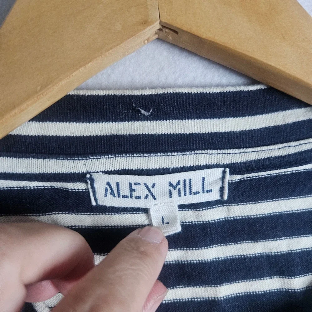 Alex Mill Mens Large Striped Henley Shirt Navy Blue White Cotton Long Sleeve L